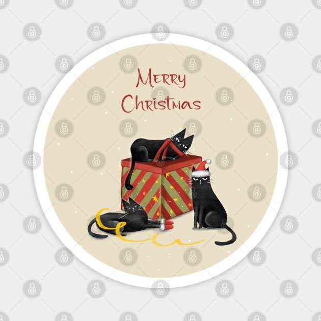 Merry Christmas - Black cats with Santa hat. Magnet by Olena Tyshchenko